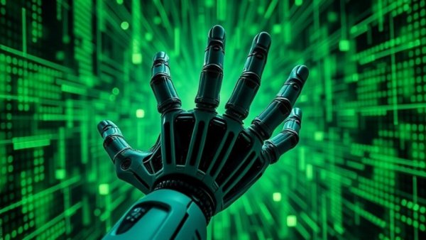 Digital matrix with robotic hands symbolizing AI semiconductor partnership.