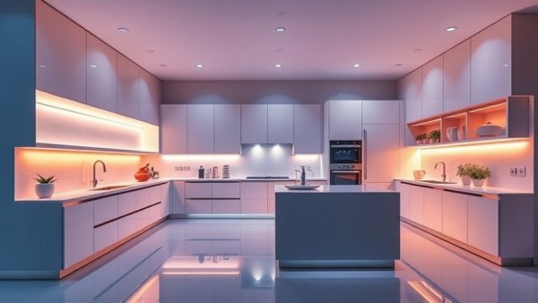 Modern kitchen with coordinated decorative lighting, connected home ambiance.