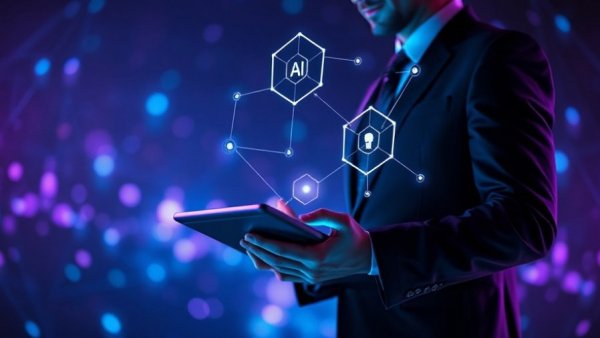 AI advancements depicted with a person holding a glowing tablet, network icons.