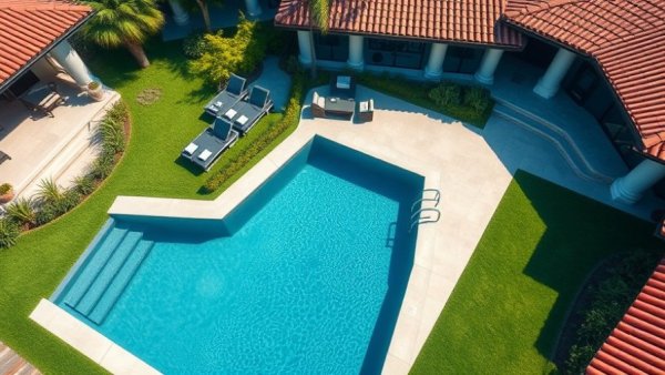 Aerial view of modern backyard remodel with pool and seating