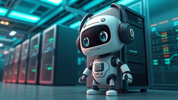 Cartoon robot with data server in stylized environment