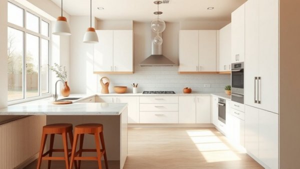 Modern kitchen cabinets with marble countertop, warm lighting