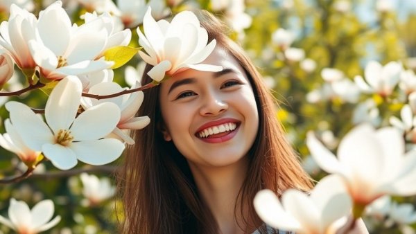 Woman enjoying garden photography near flowering tree