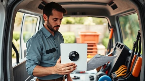 Installer with Nest Learning Thermostat box at van, outdoor setup.