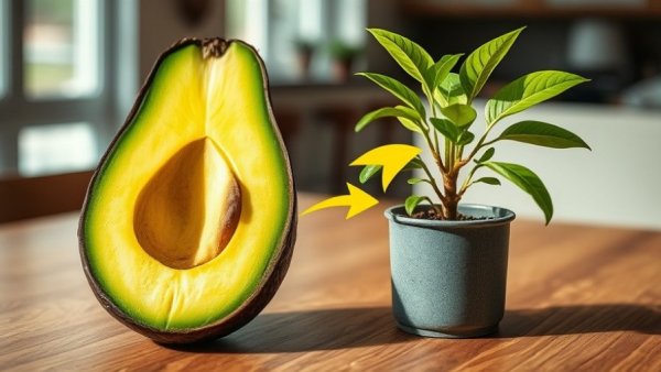 Grow avocado from seed: Avocado half and young plant side by side.