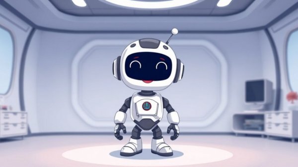 Cartoon robot in Amazon Sleep Studio for Kids, smiling, futuristic scene.