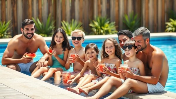 Family enjoys poolside before vacation