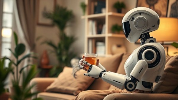 Elderly woman interacting with AI-powered home robot in cozy room.