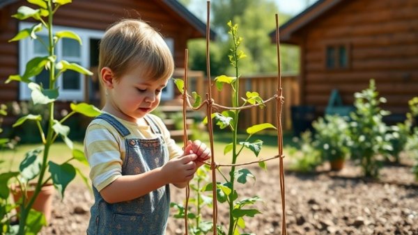 Child creating DIY bamboo trellis in garden with adult assistance.