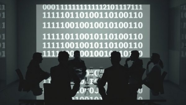 Business team discussing AI with projected code at meeting