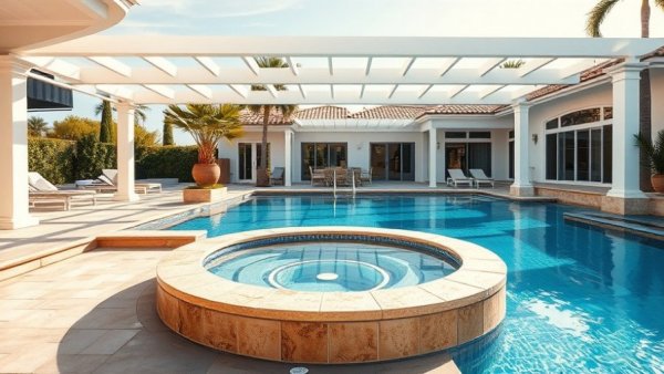 Luxurious backyard pool with spa highlighting advantages.