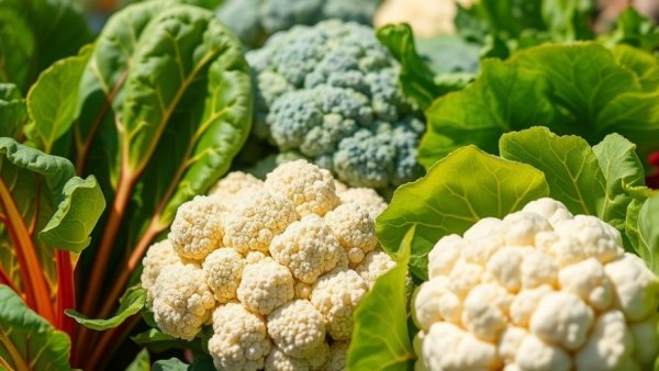 Colorful vegetables including Swiss chard, broccoli, and cauliflower in a garden setting.
