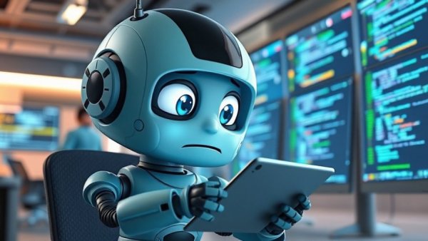 Robot confused by code highlighting AI phishing detection failure.