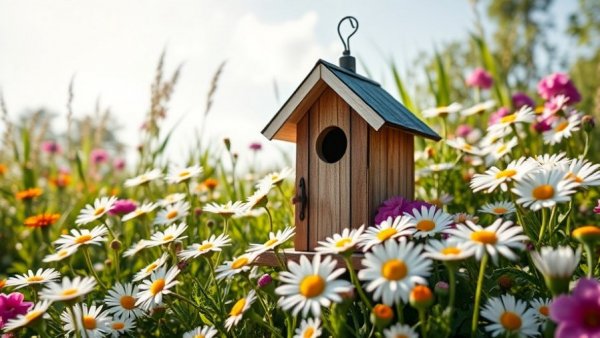 July garden checklist with flowers and birdhouse in sunny garden.