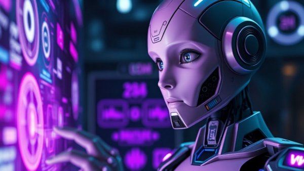Futuristic robot interacting with digital interface, symbolizing technology.