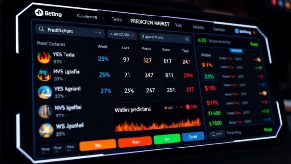Wildfire prediction market interface showing betting options and odds.