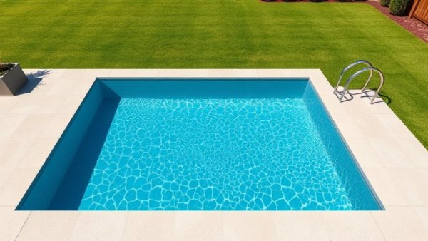 Modern swimming pool and landscaped garden on a sunny day