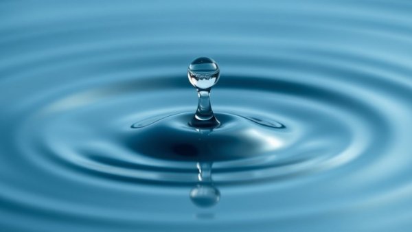 Water droplet falls into serene blue water, highlighting ripples