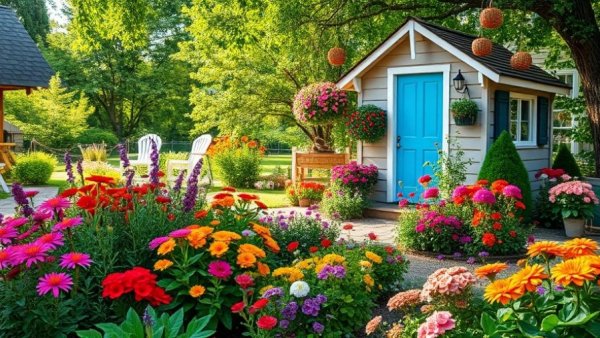 Lush garden with colorful midsummer flower seeds.