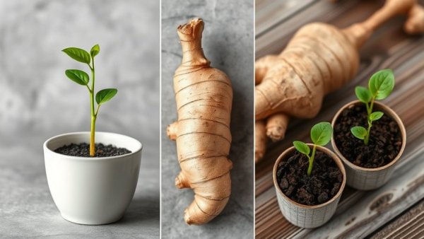Sprout ginger root growth stages in pots.