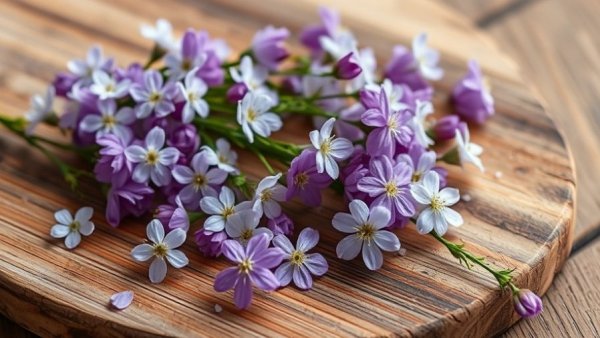 Common garden herbs for skin care: purple and white flowers on wood.