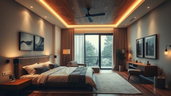 Modern bedroom showcasing home automation features.