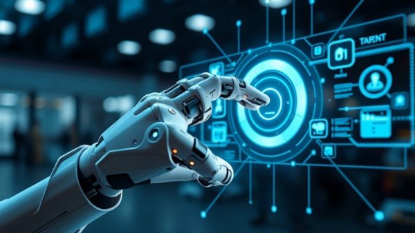 Futuristic interface with robotic hand on AI scheduling platform display