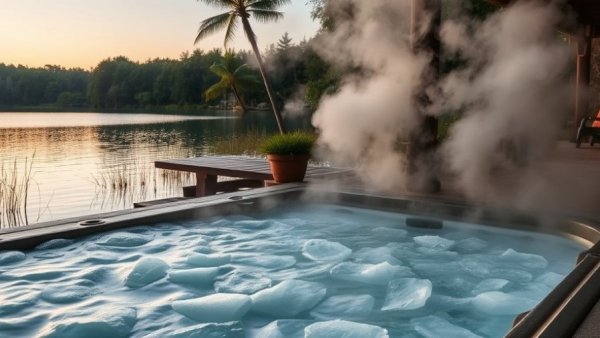Cold plunge and hot tub contrast therapy by a tranquil lake