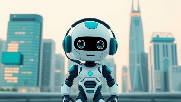 Cartoon robot with headset in futuristic cityscape