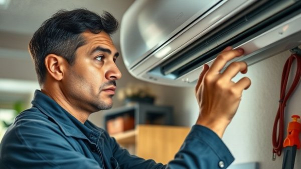 Technician inspecting air conditioner for repair or replacement
