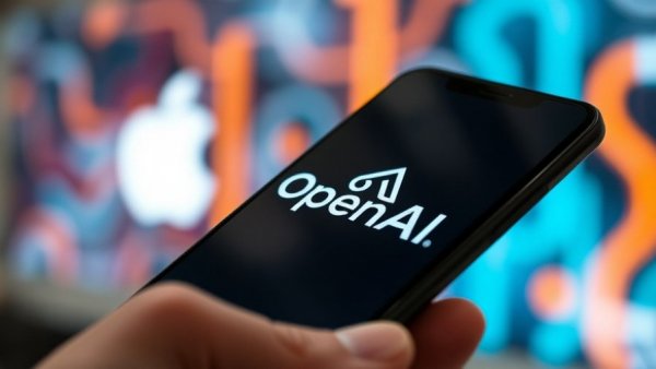 OpenAI screen-free AI companion concept on smartphone with Apple logo.