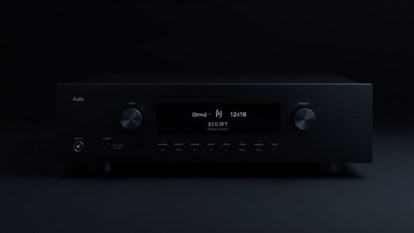 Sleek black residential audio amplifiers with digital interface