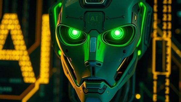 Futuristic AI robot with digital code text