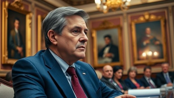 Meeting in ornate room with man in blue suit highlighted in foreground.