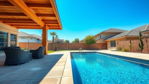 Modern outdoor living area with pool and shade structure
