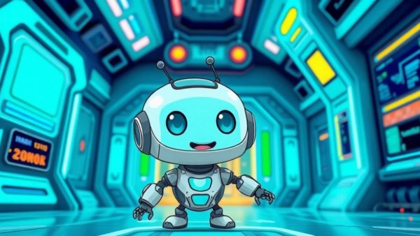 Cartoon robot in a futuristic setting with turquoise designs