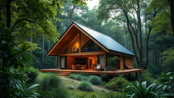 Eco-friendly design house in lush forest landscape.