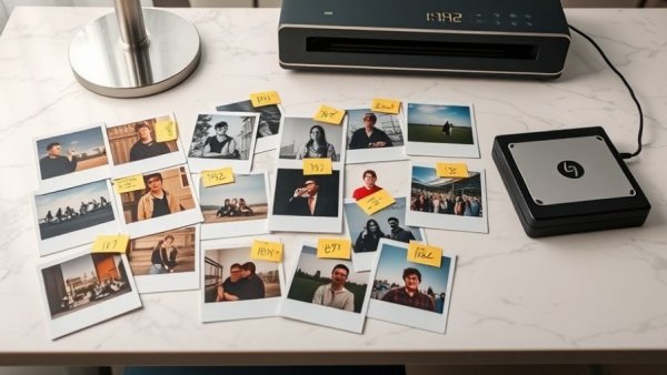 Organizing digitized photos on a marble desk with old pictures.