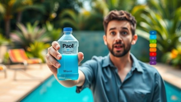 Best Pool Chemicals Ranked - Man holding pool chemical bottle with surprised expression