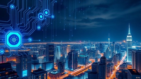 Futuristic AI interface over cityscape for AI-native workspace in restaurant industry