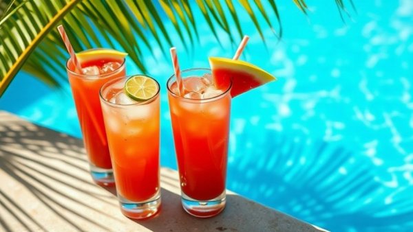 Refreshing drinks by a blue swimming pool with bright garnishes