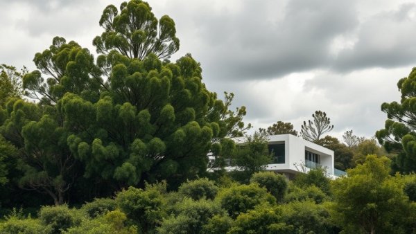 Modern building on buildable land amid lush trees