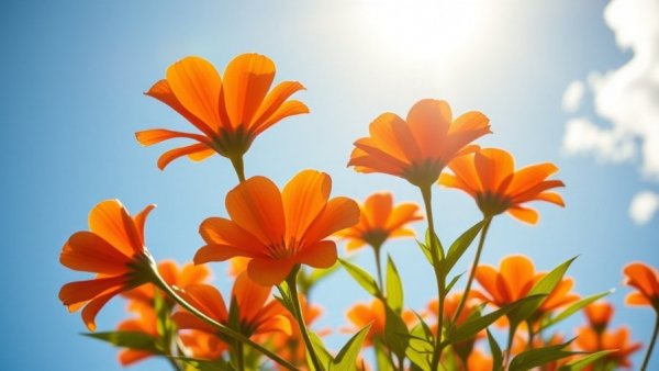 Orange flowers under bright sun, symbolizing sun safety for gardeners.