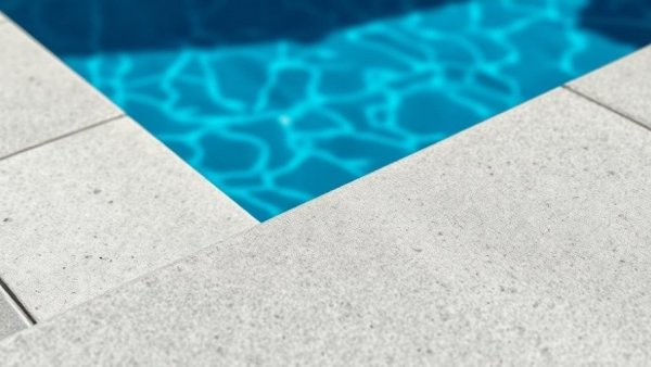Close-up of textured gray pool edge and clear blue water.