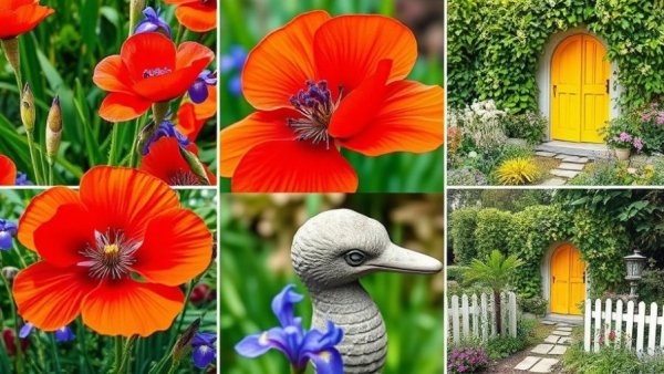 Midsummer garden tasks collage with flowers and a bird statue.