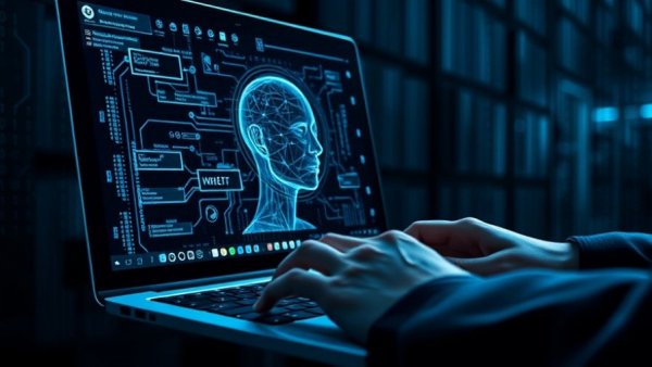 Futuristic AI visualization on laptop, symbolizing Enterprise AI Adoption Growth