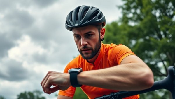 Cyclist checks Garmin CIRQA Smart Band health tracker outdoors.