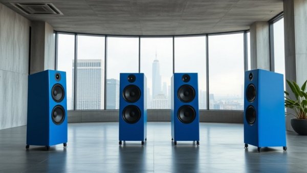 Monitor Audio custom finishes in modern blue speakers displayed in a minimalist room.