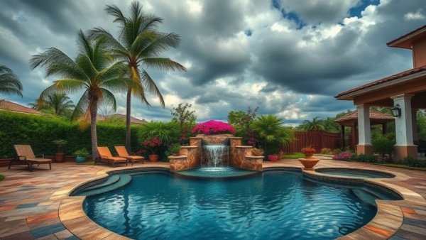 Luxurious backyard pool with palms and flowers for relaxation.