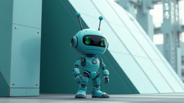 Futuristic teal robot by geometric structure, portable solar solutions.